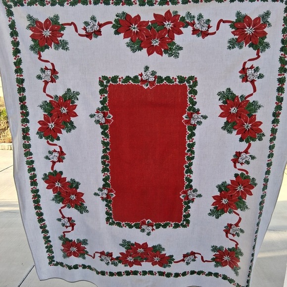 The Unbranded Brand Other - Vintage Mid Century Poinsettia Jingle Bell Cotton Tablecloth Retro Holiday 48x56